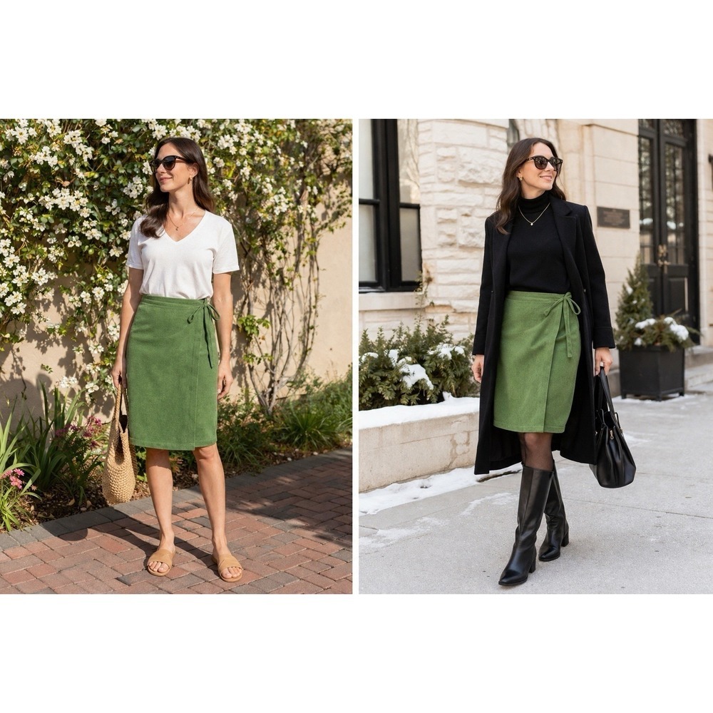 St John Sport Women's M Green Wrap Midi Skirt Quiet Luxury Classic Timeless Chic